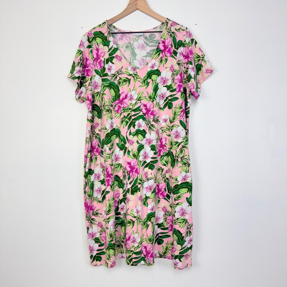 J. Jill Floral Knit Dress Womens‎ XL Pink Orchid V-Neck Cotton Modal Pockets